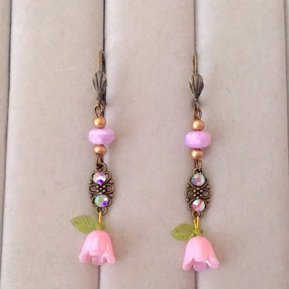 Aurora Borealis Crystal + Antique Brass Gold Pink Flower Boho Drop Earrings